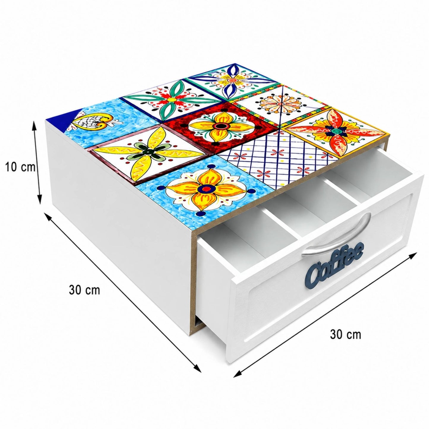 Cassetto Porta Cialde Caffè 3 Scomparti Legno Bianco Maioliche Fiori 30x30x10 cm