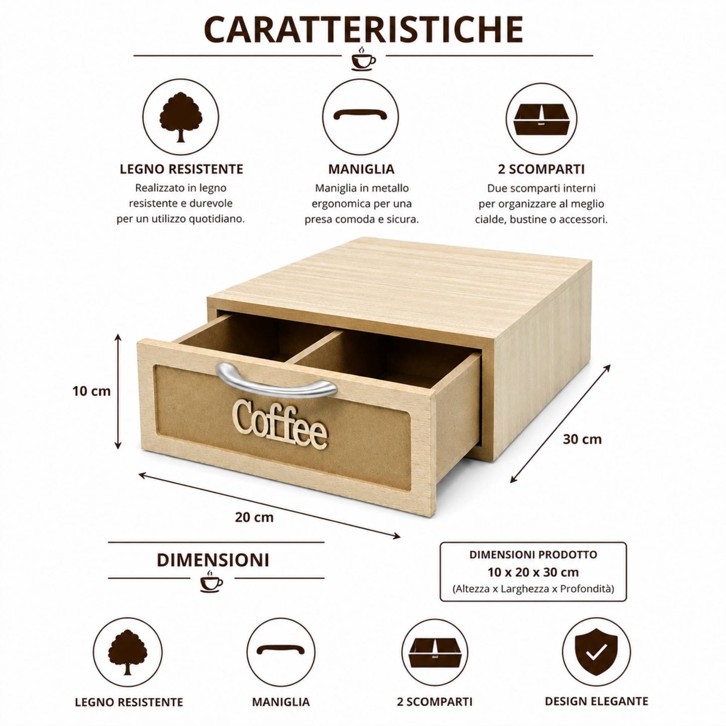 Cassetto Porta Cialde Caffè Legno Chiaro 2 Scomparti 30x20x10cm Maniglia Coffee