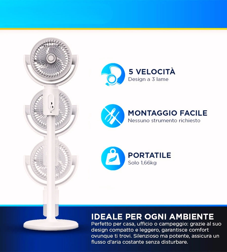 Ventilatore Piantana 3 in 1 Senza Fili Ricaricabile Regolabile con Telecomando