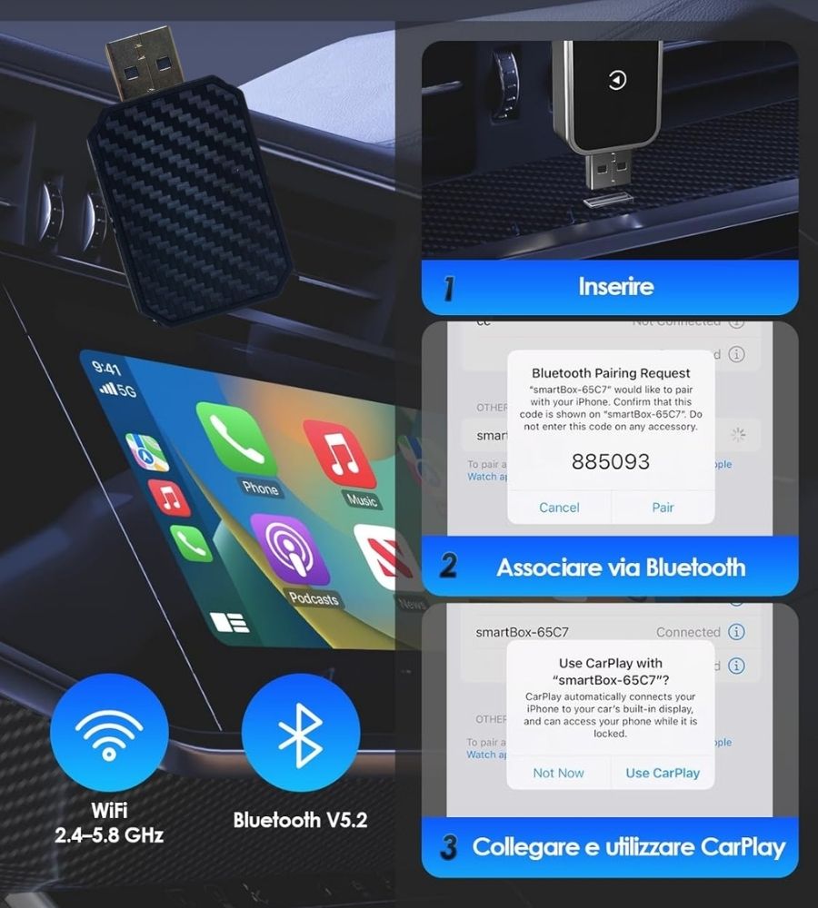 Adattatore Auto 2 in 1 Wireless CarPlay Android Plug & Play USB iPhone + Type-C