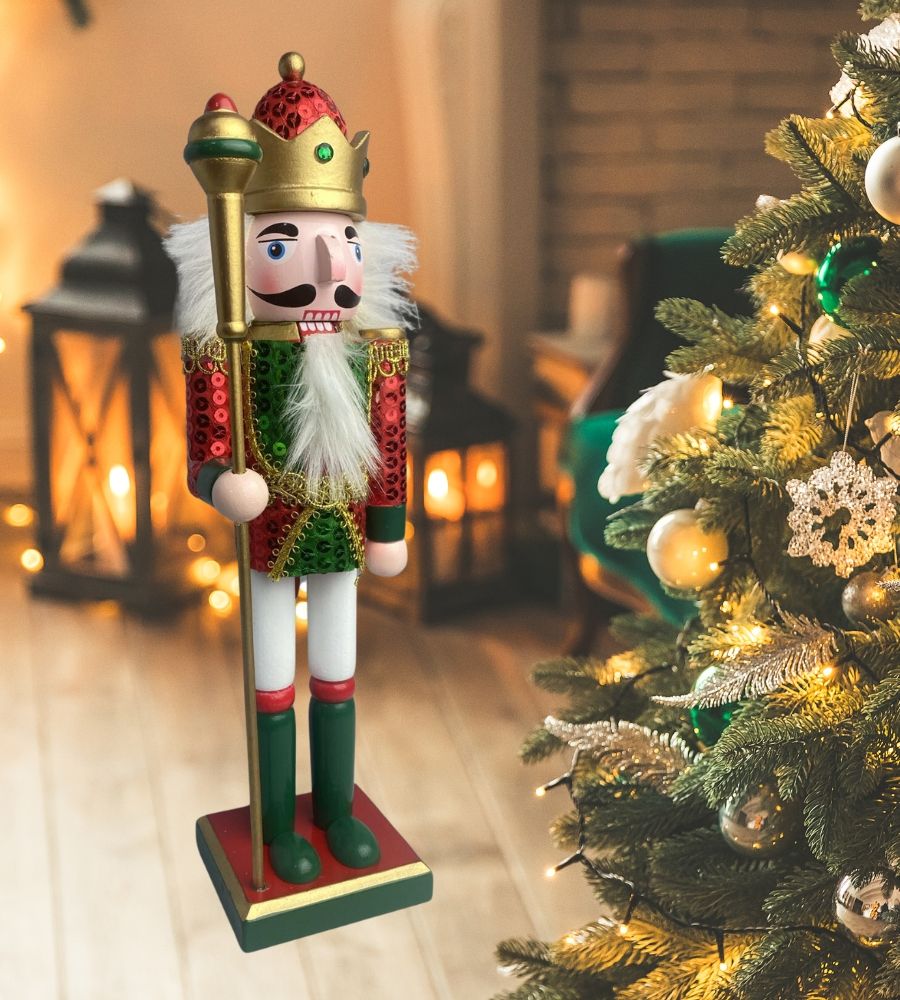 Schiaccianoci Soldato di Natale in Legno con Abito in Paillettes 30 cm Decorazioni Natalizie