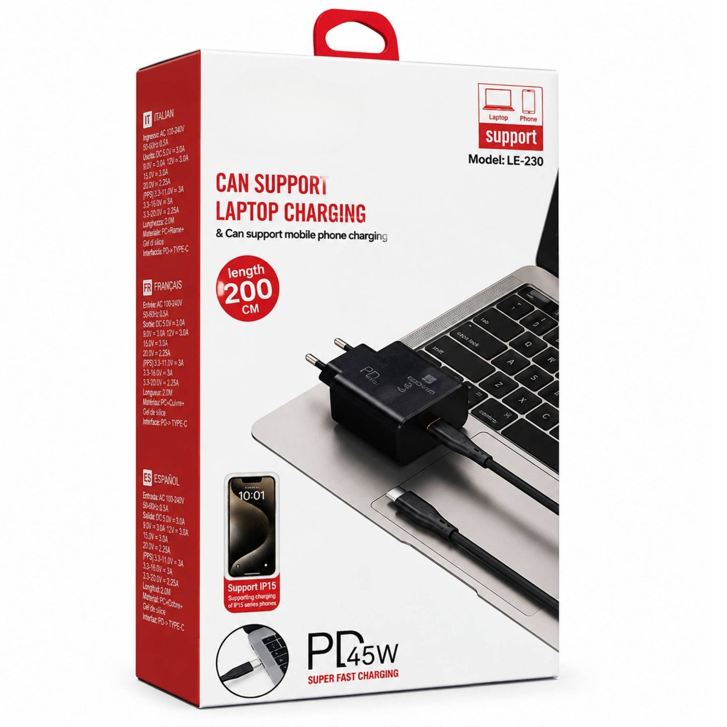 Caricatore USB-C PD 45W Ricarica Rapida con Cavo Type-C 2m per Laptop Smartphone