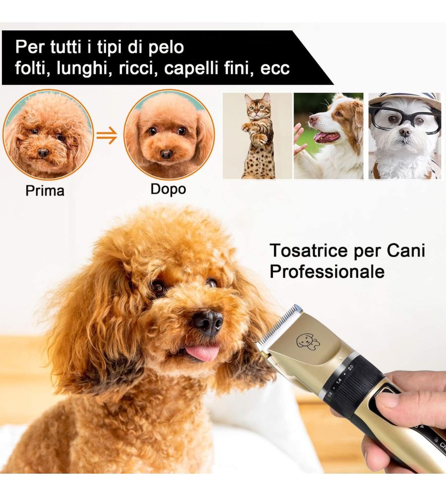 Tosatrice per Cani e Gatti Rasoio Pet Animali Senza Filo 4 Pettini Ricaricabile
