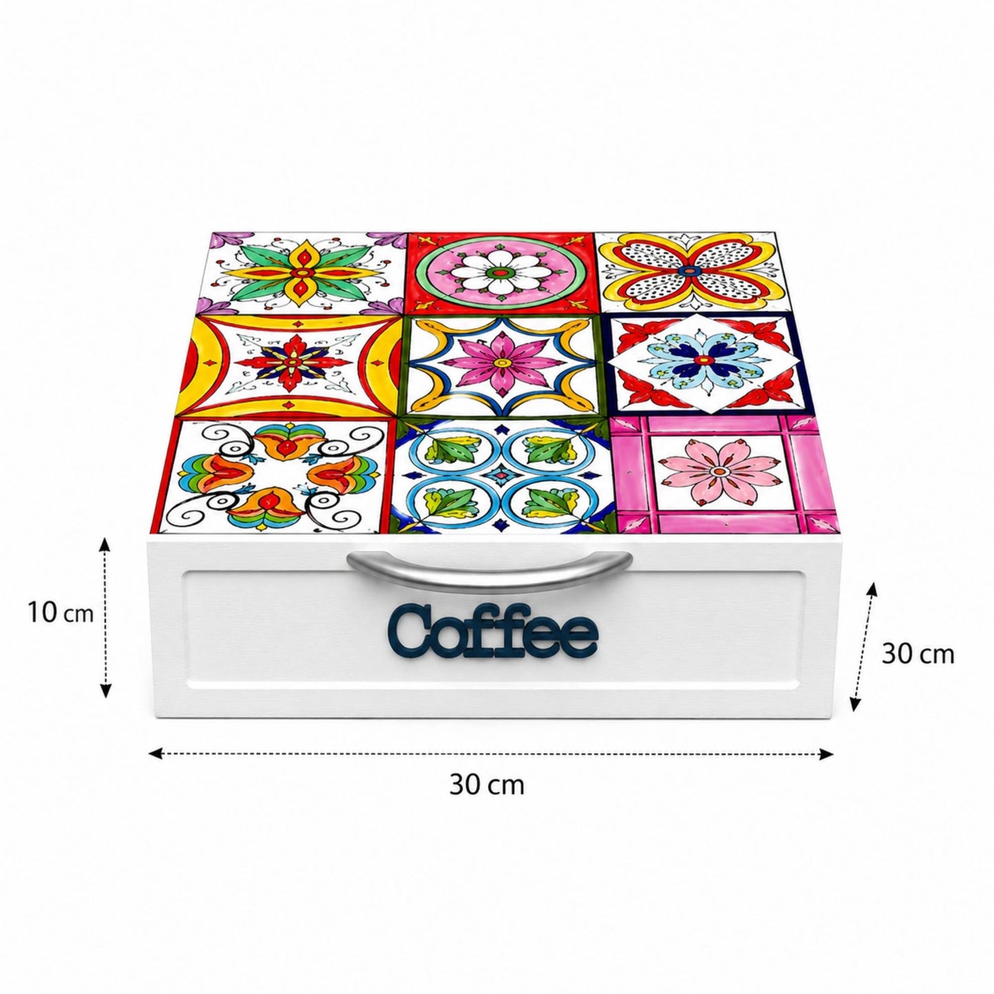 Cassetto Porta Cialde Caffè 3 Scomparti Legno Bianco Maioliche Fluo 30x30x10 cm