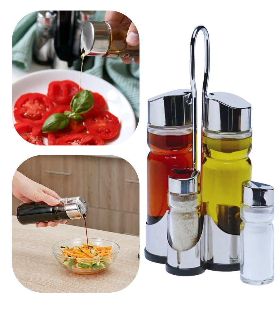 Fair Oliera Set 4 Pezzi Olio Aceto Sale e Pepe Stand in Acciaio Kit da Tavola