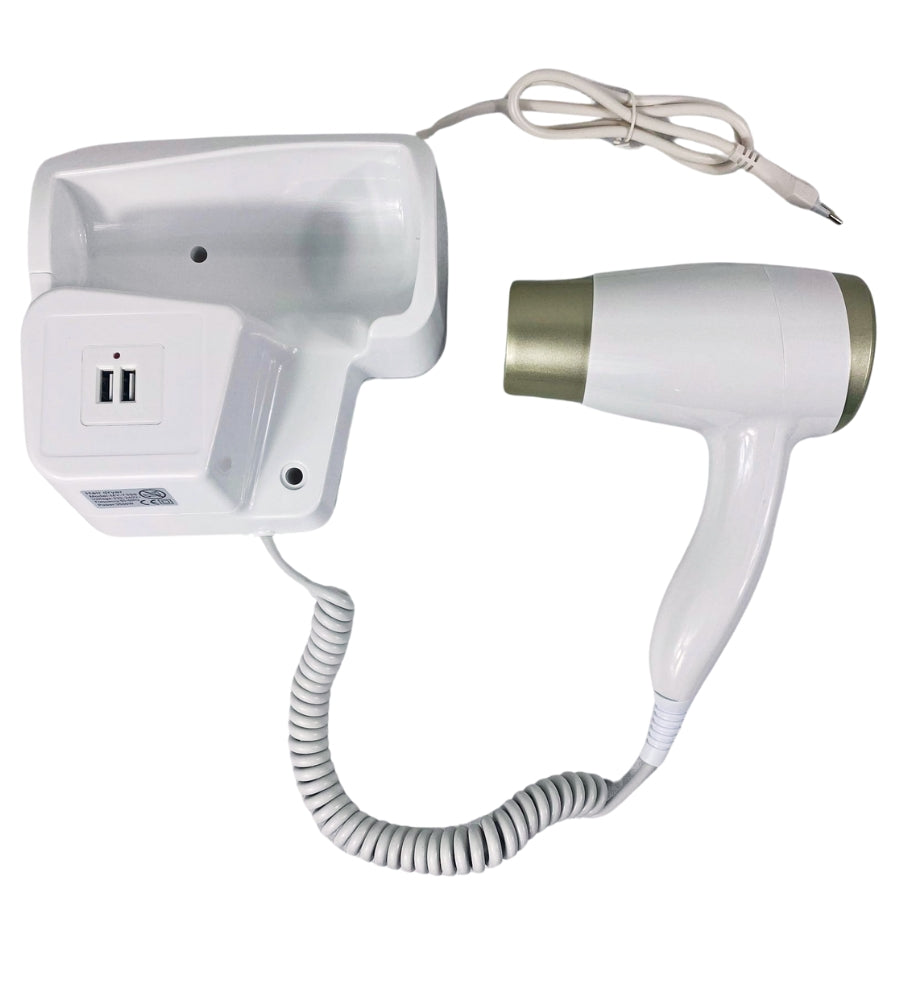 Asciugacapelli da Parete Phon da Muro 2 USB 5V Hotel Bagno Casa Bianco 1200W