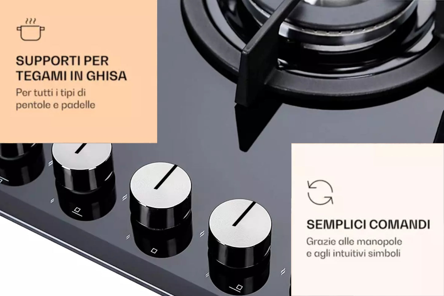 Piano Cottura a Gas 5 Fuochi in Vetroceramica Nero 75 cm da Incasso