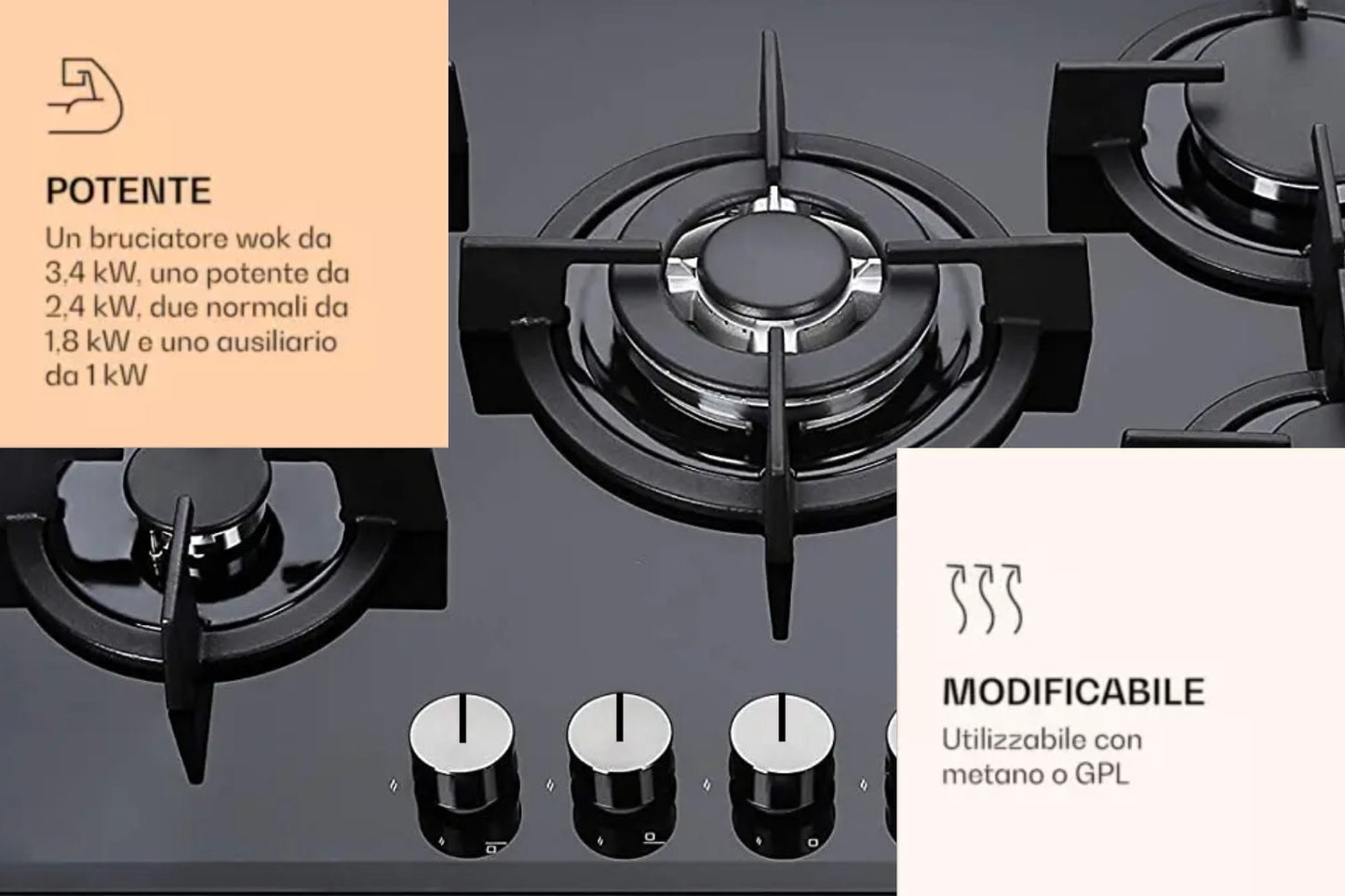 Piano Cottura a Gas 5 Fuochi in Vetroceramica Nero 75 cm da Incasso