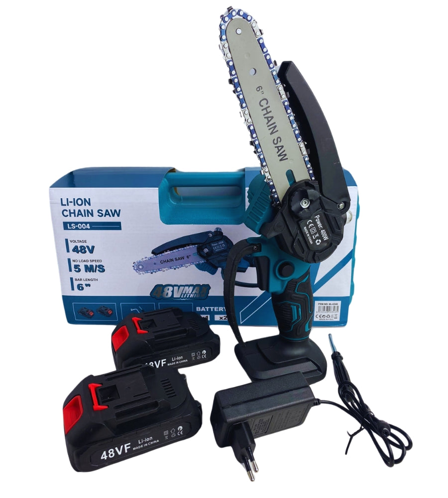 Mini Sega Elettrica 6" Pollici con Olio Motosega 400W 2 Batterie 48 V Potatura