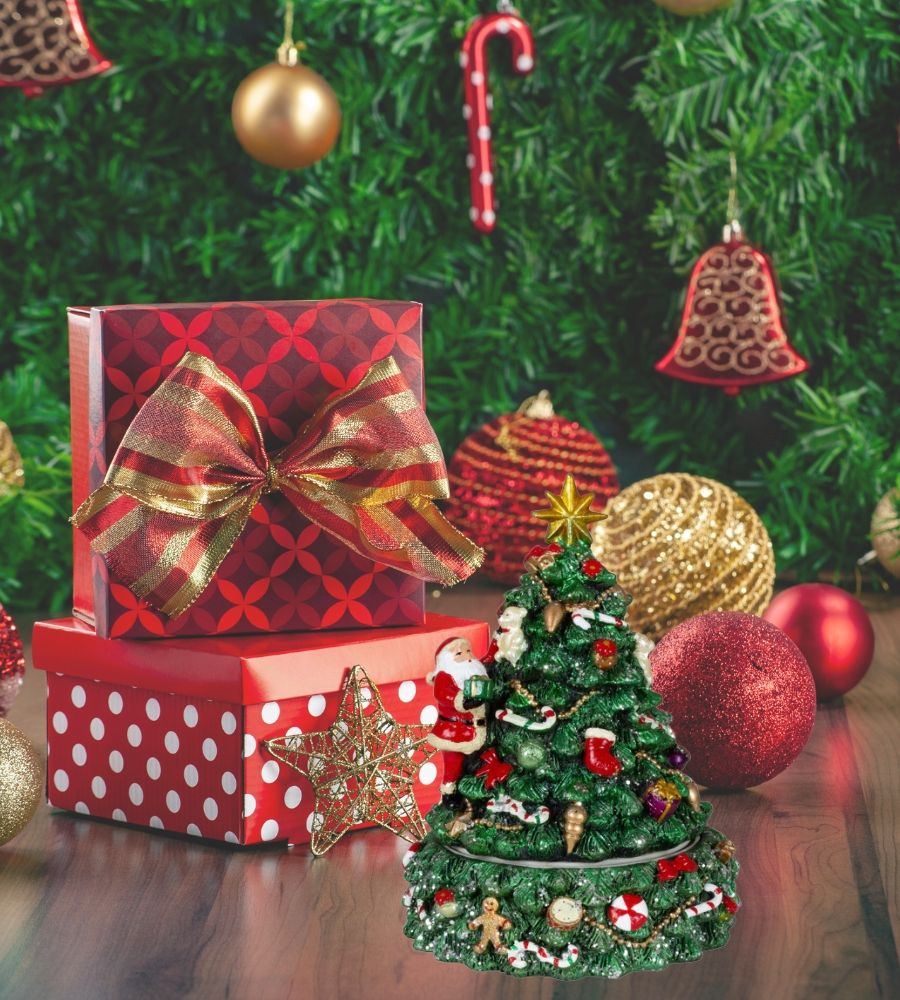 Carillon Albero di Natale Addobbato con Movimento Rotatorio e Musica 16h x 12 cm
