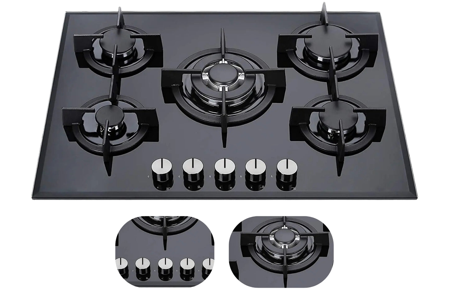Piano Cottura a Gas 5 Fuochi in Vetroceramica Nero 75 cm da Incasso