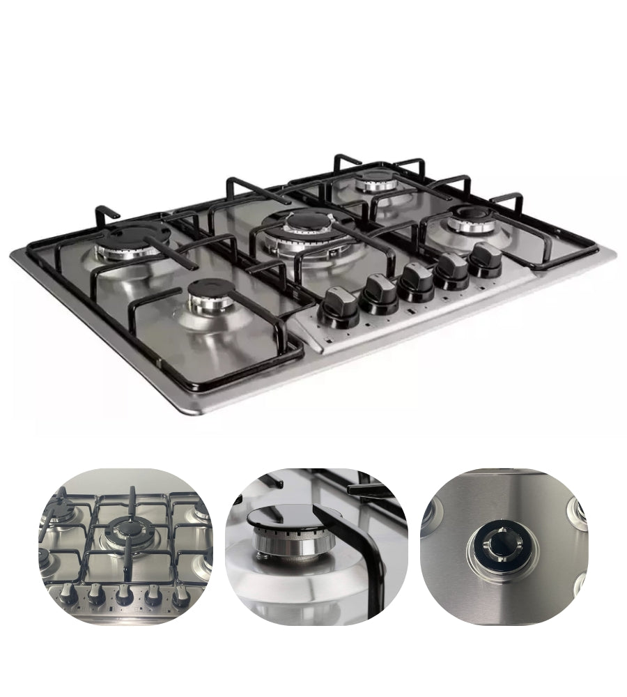 Piano Cottura 5 Fuochi Slim 70 cm Acciaio Inox a Gas o GPL da Incasso Valvolato