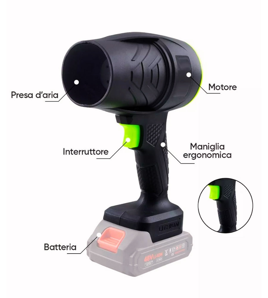 Soffiatore a Batteria con 2 Batterie Foglie Asciugatrice Turbo Ventola Per Auto