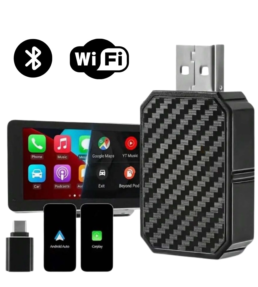Adattatore Auto 2 in 1 Wireless CarPlay Android Plug & Play USB iPhone + Type-C