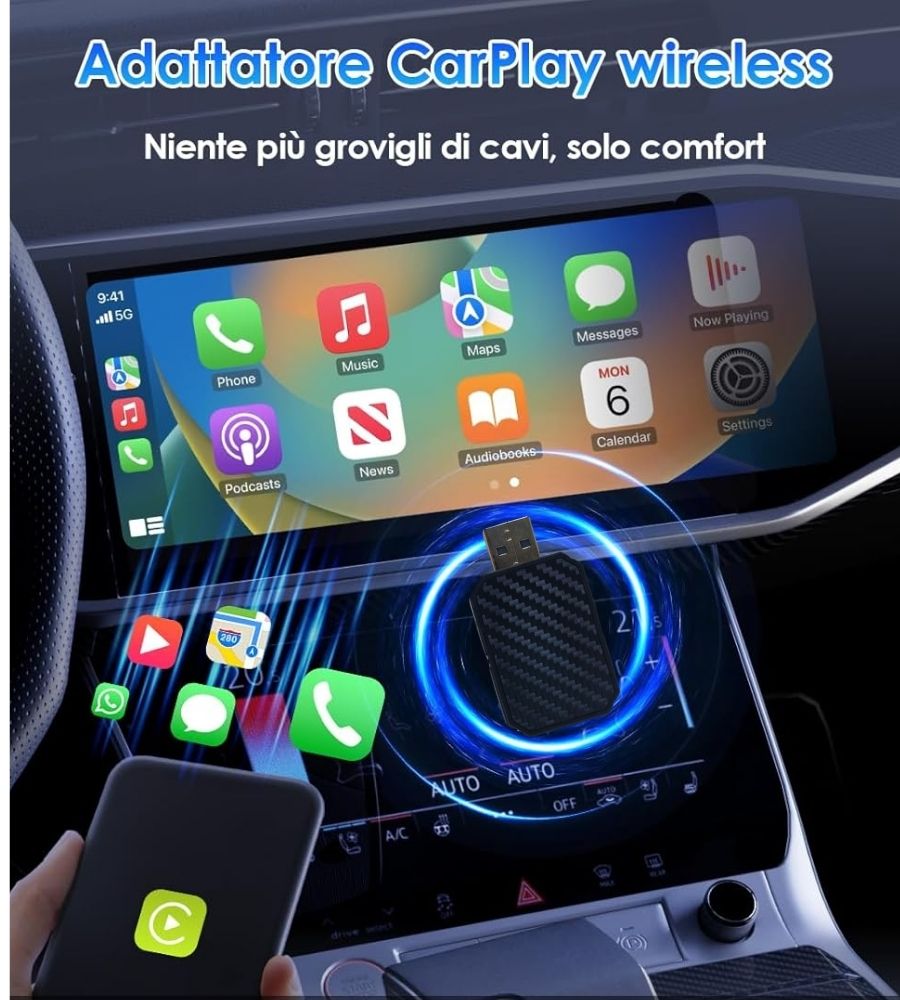Adattatore Auto 2 in 1 Wireless CarPlay Android Plug & Play USB iPhone + Type-C