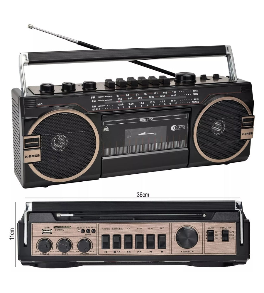 Stereo Portatile Bluetooth Boombox Radio Cassette REC Portatile o Cavo FM-AM