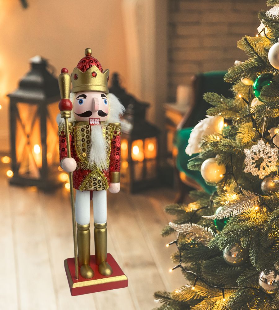Schiaccianoci Soldato di Natale in Legno con Abito in Paillettes 30 cm Decorazioni Natalizie