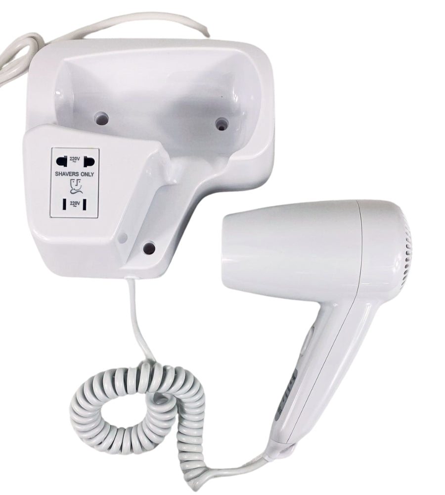 Asciugacapelli da Parete Phon da Muro 2 Prese Hotel Bagno Casa Bianco 1300W