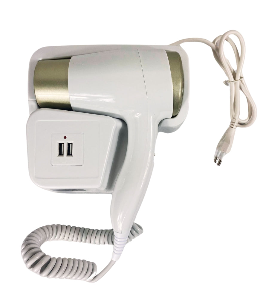 Asciugacapelli da Parete Phon da Muro 2 USB 5V Hotel Bagno Casa Bianco 1200W