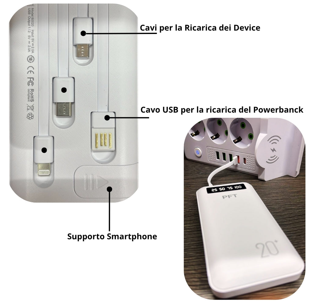 Power Bank 20000 mAh Caricabatterie Portatile Alta Velocità 4 Cavi USB Luce LED