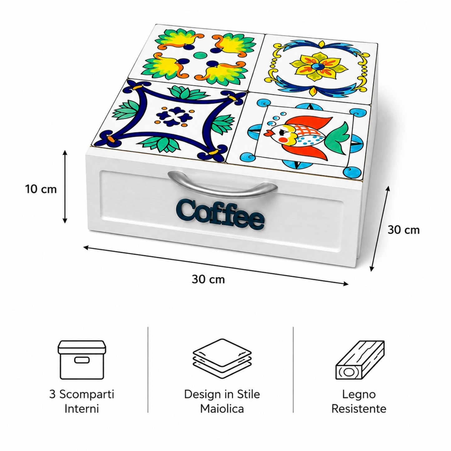 Cassetto Porta Cialde Caffè 3 Scomparti Legno Bianco Maioliche Pesce 30x30x10 cm