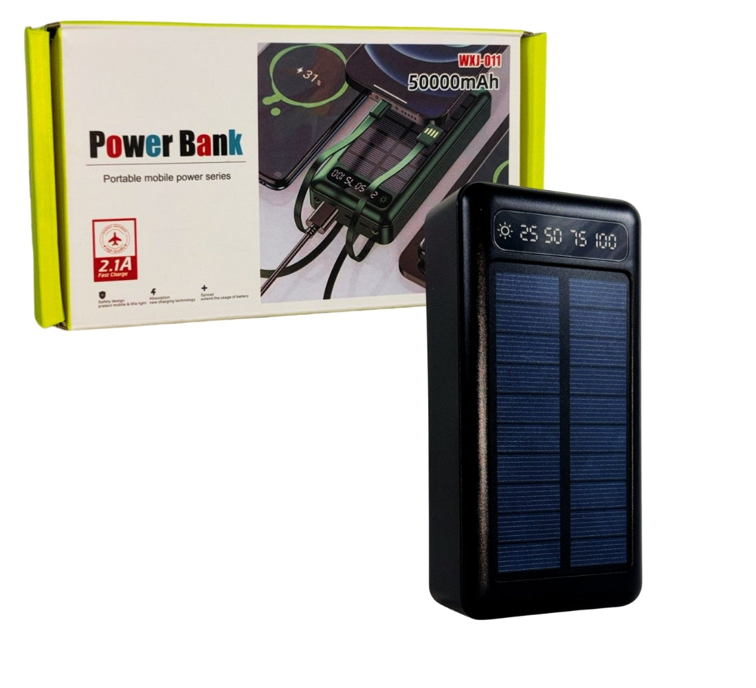 Power Bank Solare 50000 mAh Impermeabile Ricarica Rapida 4 Cavi USB Luce LED