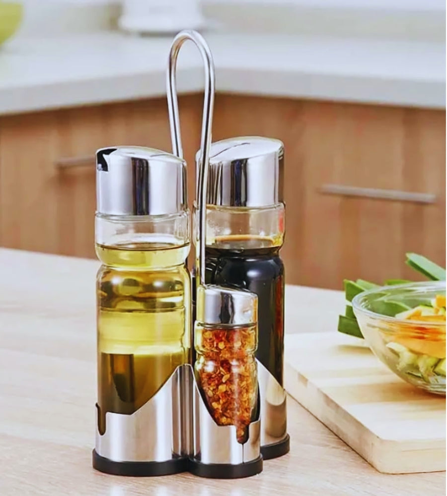 Fair Oliera Set 4 Pezzi Olio Aceto Sale e Pepe Stand in Acciaio Kit da Tavola