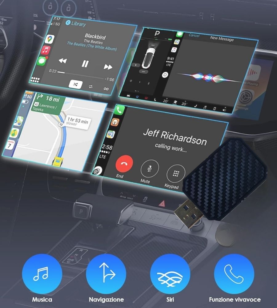 Adattatore Auto 2 in 1 Wireless CarPlay Android Plug & Play USB iPhone + Type-C
