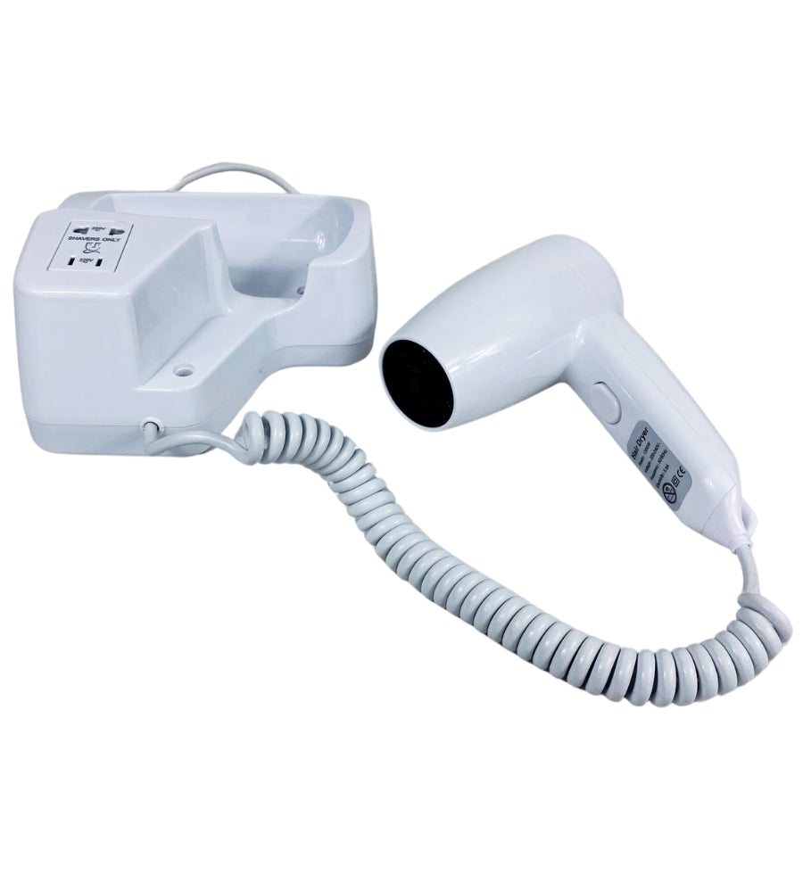 Asciugacapelli da Parete Phon da Muro 2 Prese Hotel Bagno Casa Bianco 1300W