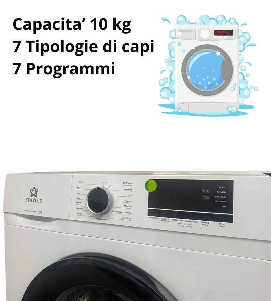 Lavatrice 10 Kg Carica Frontale Inverter Classe A Centrifuga 1200G Spessore 59cm
