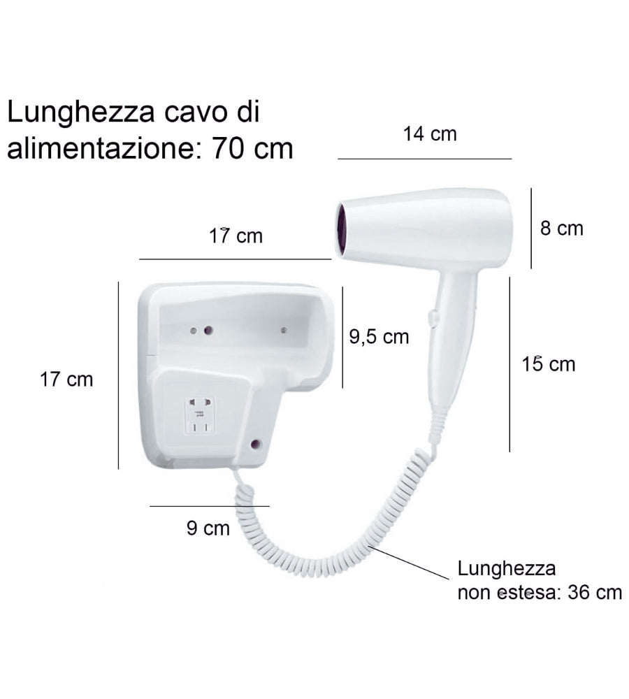 Asciugacapelli da Parete Phon da Muro 2 Prese Hotel Bagno Casa Bianco 1300W