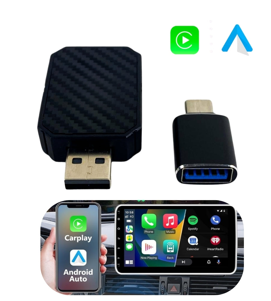 Adattatore Auto 2 in 1 Wireless CarPlay Android Plug & Play USB iPhone + Type-C