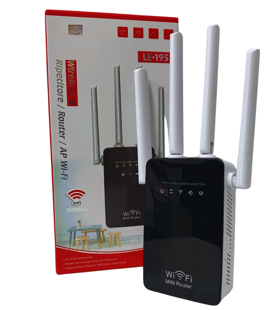 Mini Router Ripetitore Wifi 4 antenne Amplificatore Rete 300 Mps WPS LAN 2.4GHz