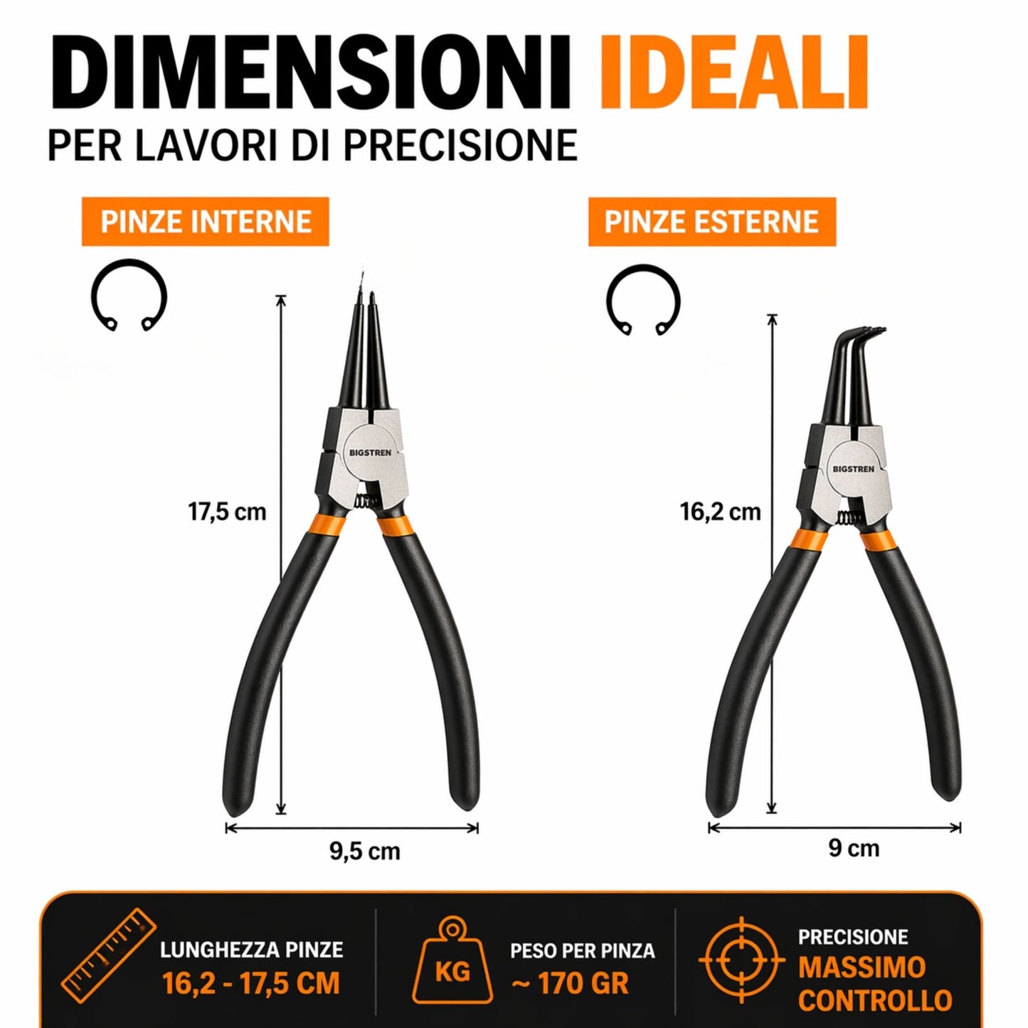 SET 4 Pinze Seeger Anelli Elastici Fermi Interne Esterne Dritte Curve Acciaio