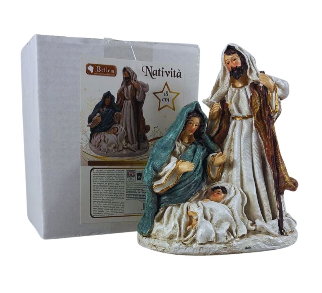 Natività Presepe Statuina Effetto Juta Giuseppe Madonna Gesù Bambino 18x15 cm