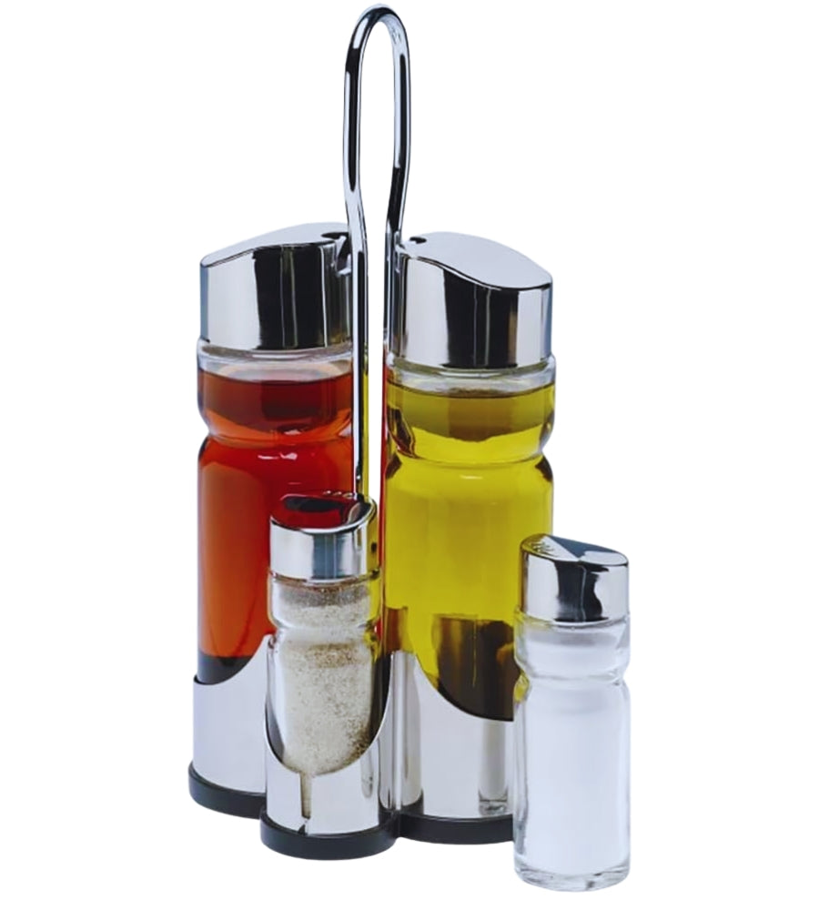 Fair Oliera Set 4 Pezzi Olio Aceto Sale e Pepe Stand in Acciaio Kit da Tavola
