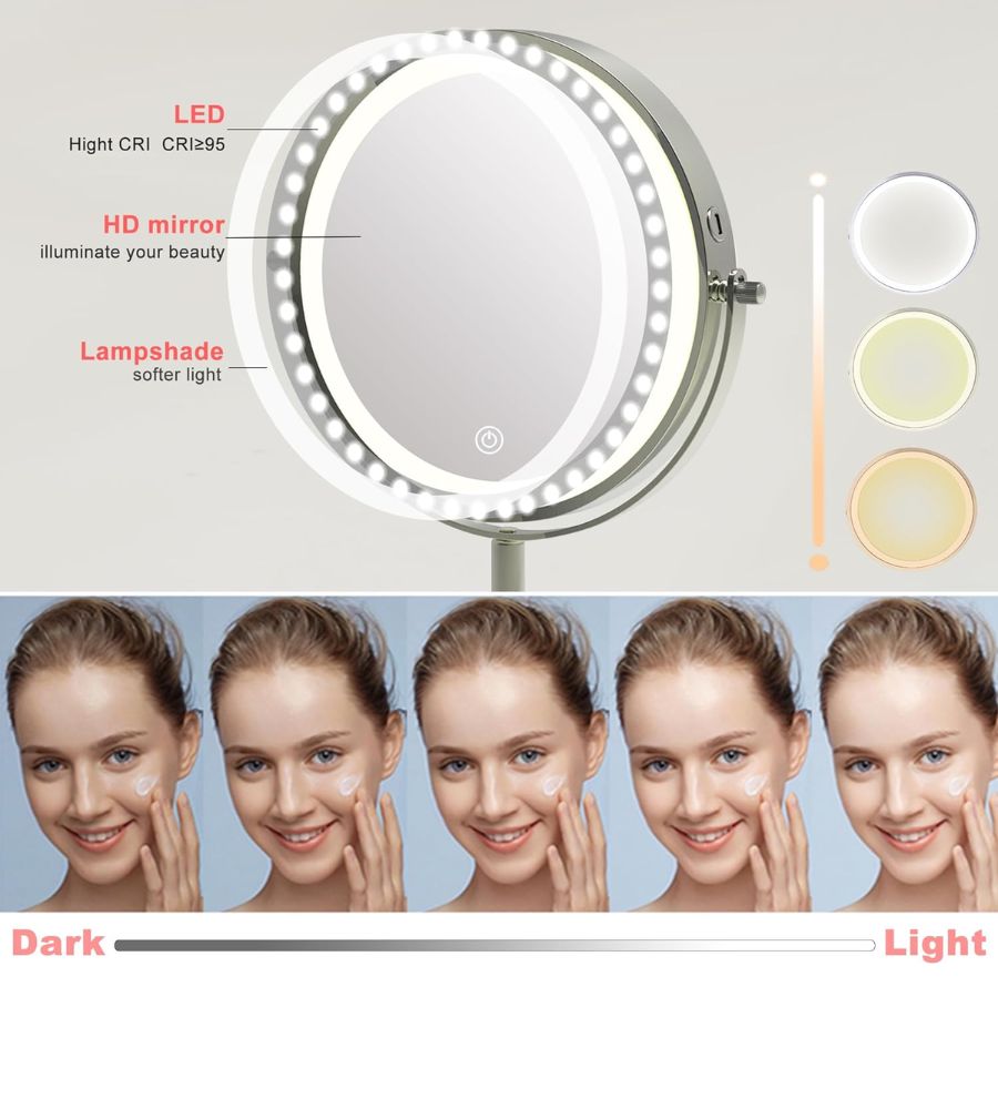 Specchio Cosmetico da TavoloTrucco Led 20 cm Drimmerabile Ingrandimento 10 x