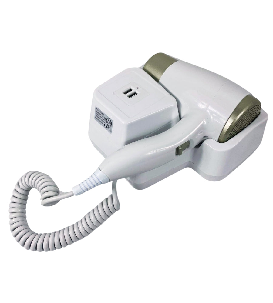 Asciugacapelli da Parete Phon da Muro 2 USB 5V Hotel Bagno Casa Bianco 1200W