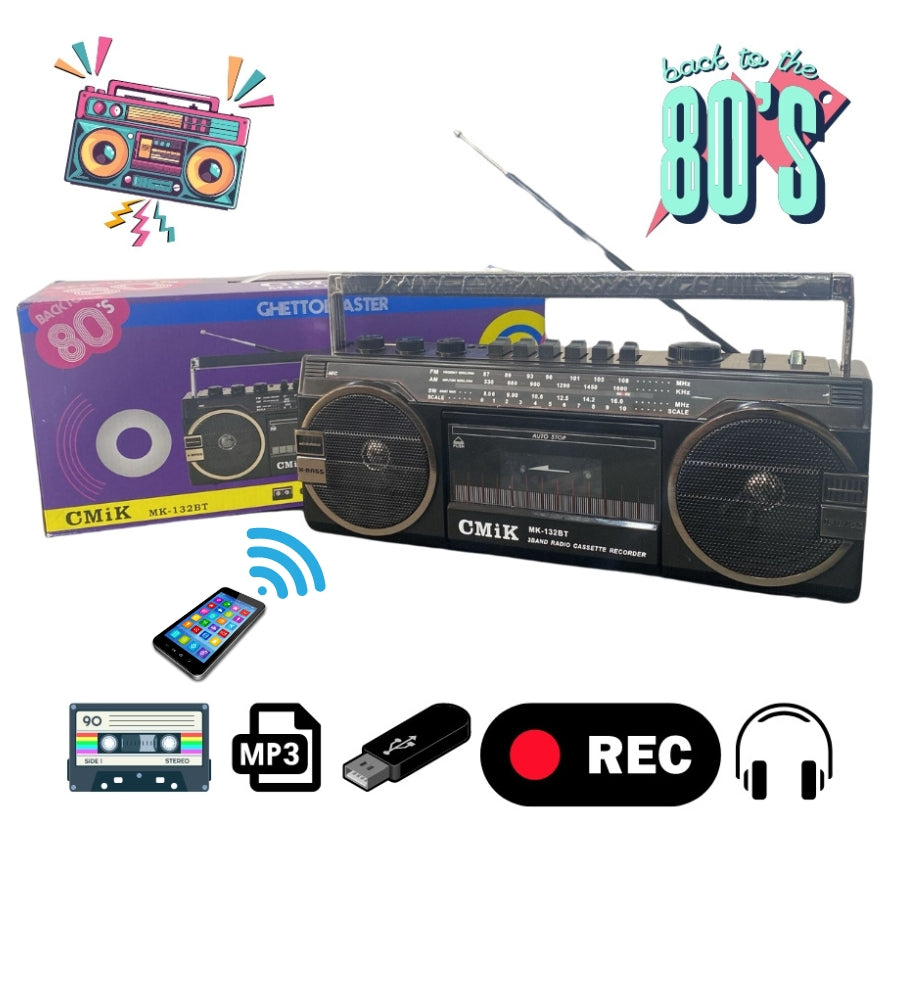 Stereo Portatile Bluetooth Boombox Radio Cassette REC Portatile o Cavo FM-AM