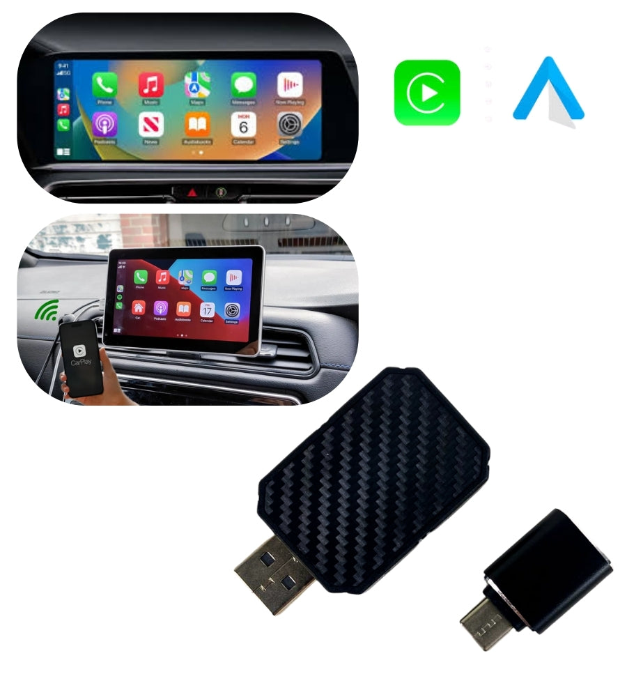 Adattatore Auto 2 in 1 Wireless CarPlay Android Plug & Play USB iPhone + Type-C