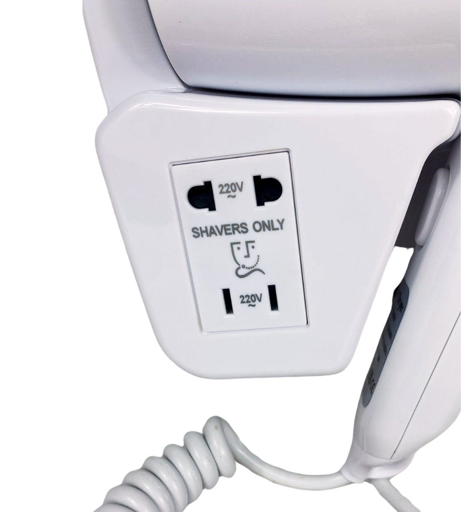 Asciugacapelli da Parete Phon da Muro 2 Prese Hotel Bagno Casa Bianco 1300W