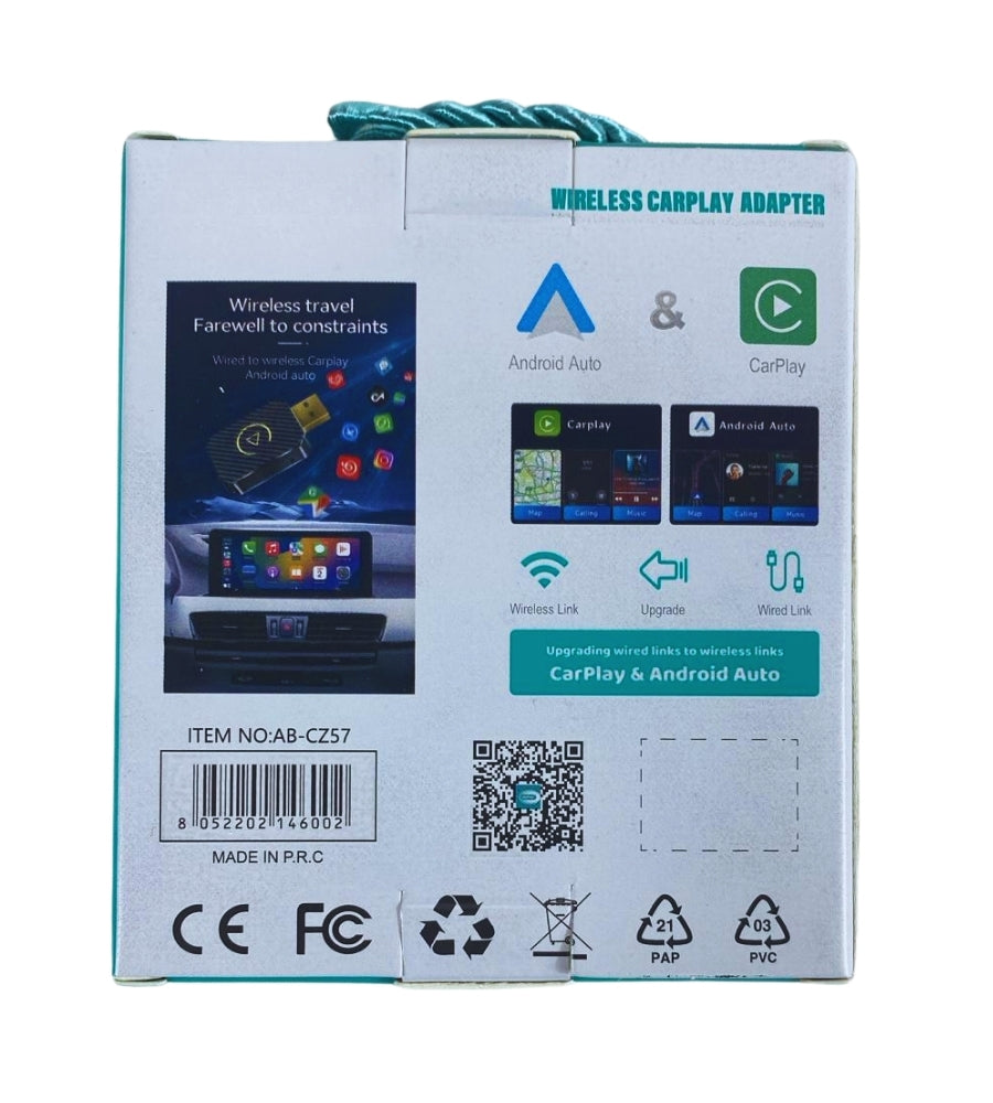 Adattatore Auto 2 in 1 Wireless CarPlay Android Plug & Play USB iPhone + Type-C