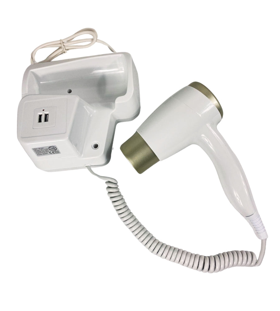 Asciugacapelli da Parete Phon da Muro 2 USB 5V Hotel Bagno Casa Bianco 1200W