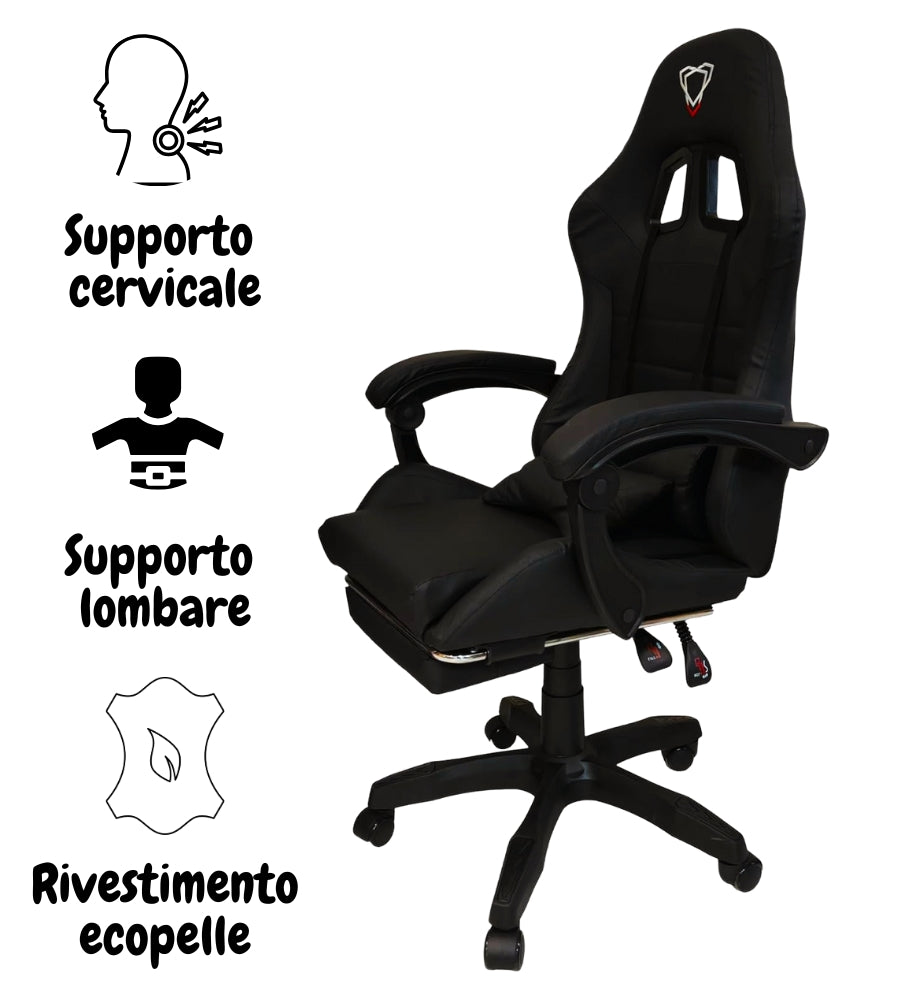 Sedia Gaming Poltrona Scrivania Ufficio Casa Reclinabile con Poggiapiedi Black
