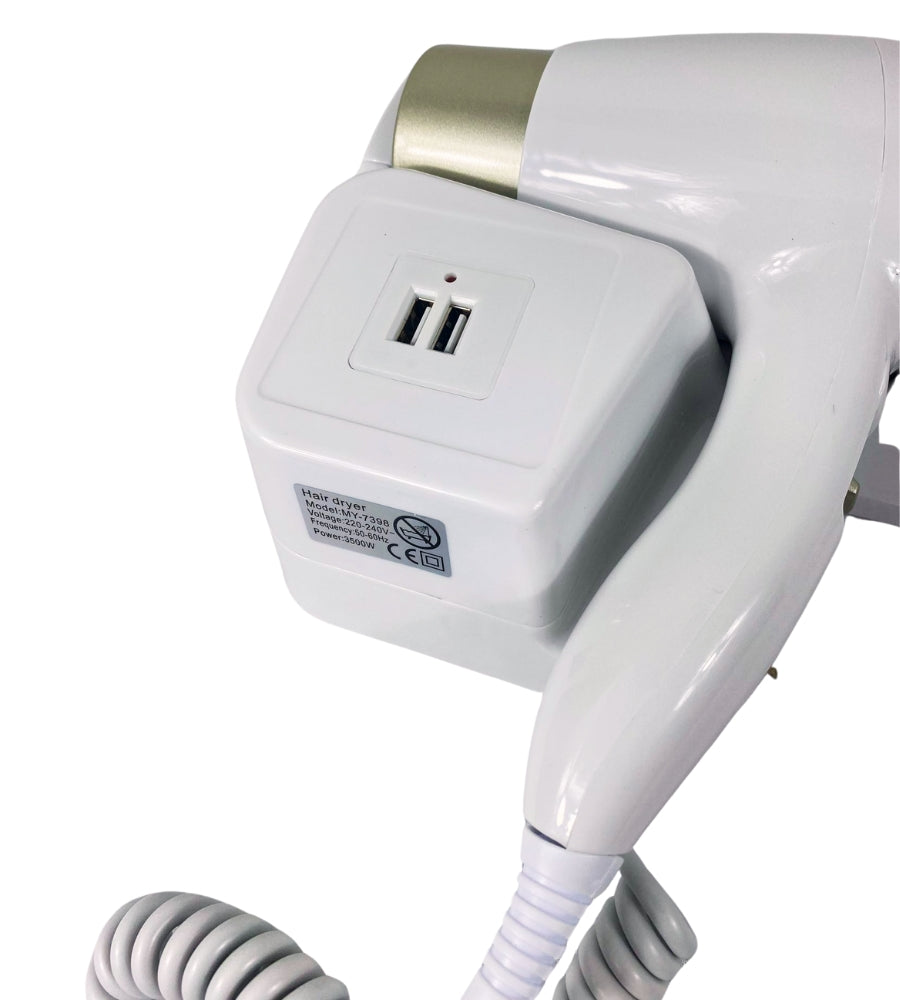 Asciugacapelli da Parete Phon da Muro 2 USB 5V Hotel Bagno Casa Bianco 1200W