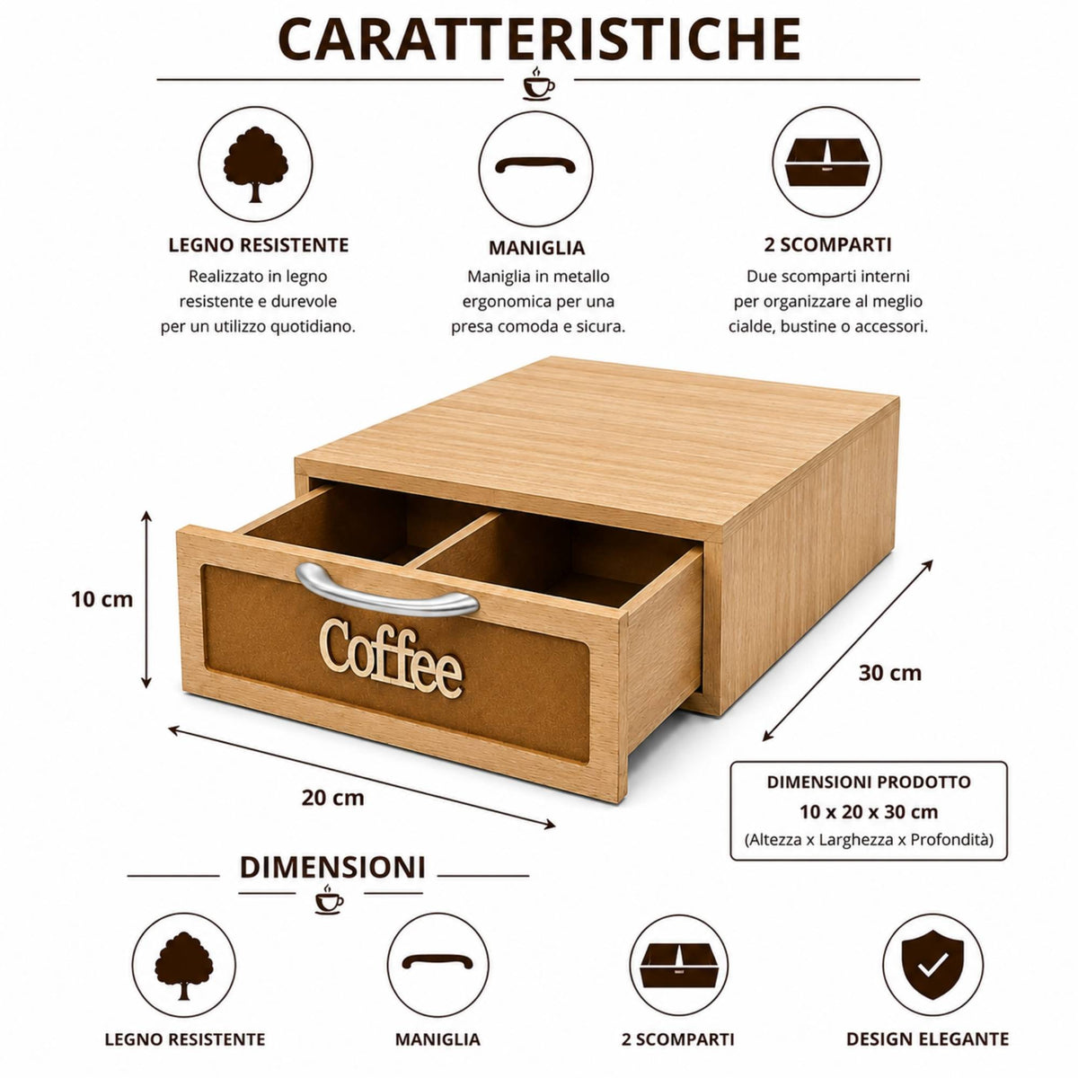 Cassetto Porta Cialde Caffè Legno Scuro 2 Scomparti 30x20x10cm Maniglia Coffee