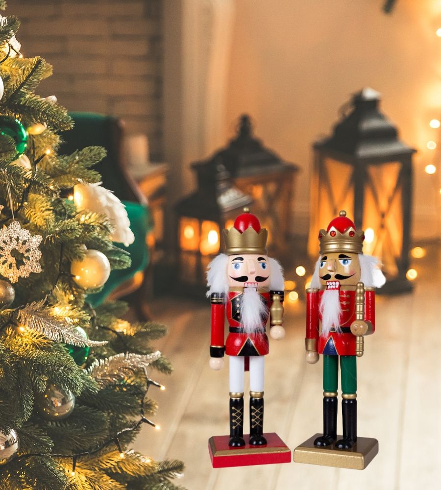 Schiaccianoci Coppia di Soldatino Natalizio in Legno Dipinti a Mano Natale 25cm