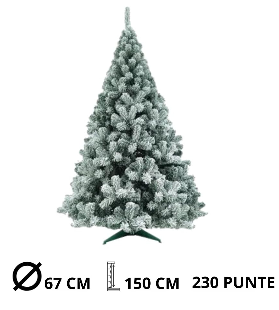 Albero di Natale 150 cm Folto Verde Innevato Artificiale 230 Punte Ø 67 cm Snow