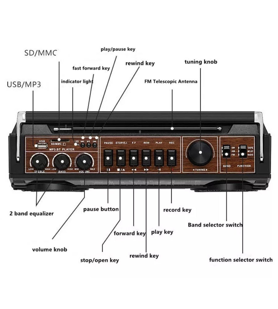 Stereo Portatile Bluetooth Boombox Radio Cassette REC Portatile o Cavo FM-AM
