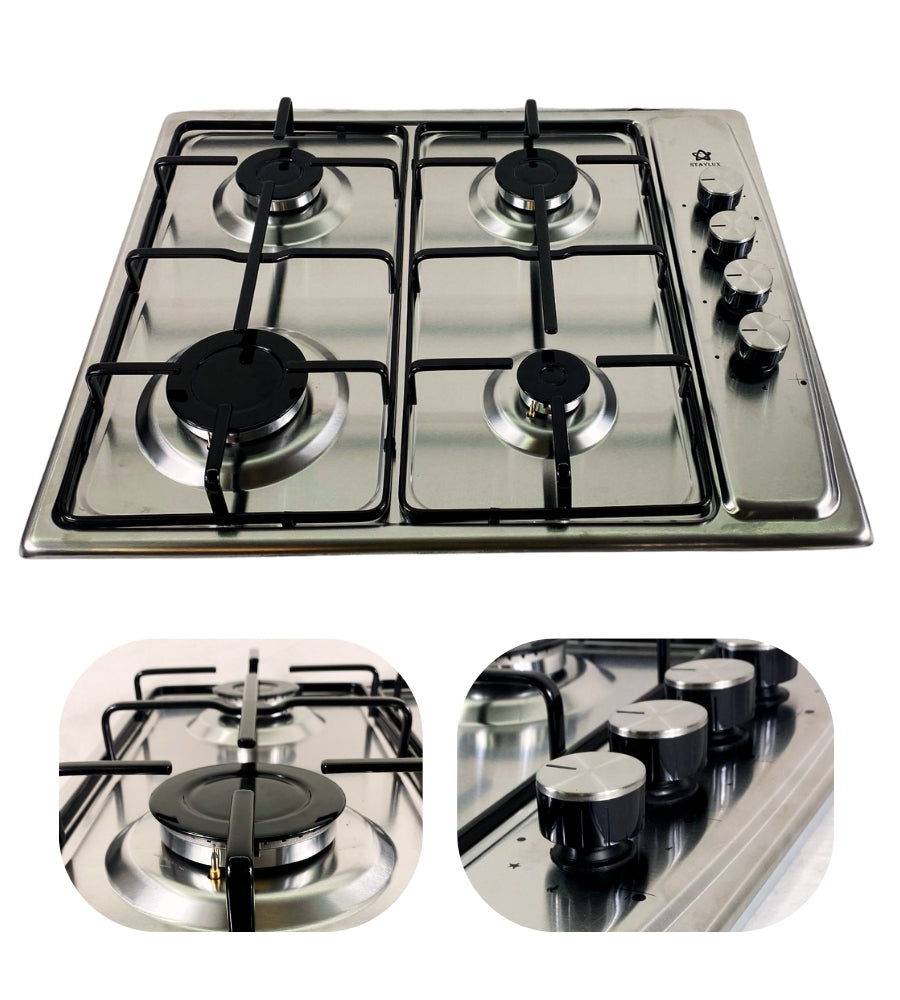 Piano Cottura 4 Fuochi Slim 60 cm Acciaio Inox a Gas o GPL da Incasso Valvolato